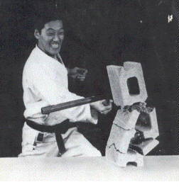 Master of kobujutsu Ryusho Sakagami breaks beton block by nunchaku